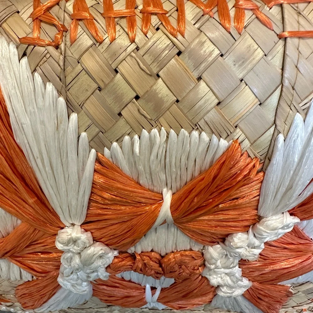 Vintage Bahamas Straw Market Woven Bag with Orange and White Accents - Picture 3 of 6